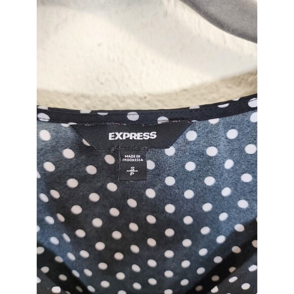 Express Blouse Top Small Black White Polka Dot Zip V-Neck Short Sleeve High Low - Picture 6 of 7
